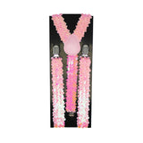 Mens Light Pink Sequin Slim Suspenders - Strong Adjustable Clip On Braces for Weddings/Formals