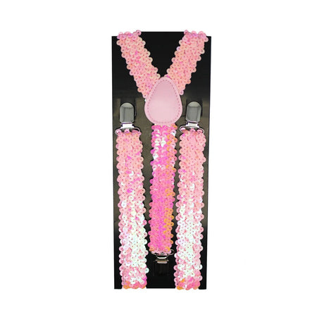 Mens Light Pink Sequin Slim Suspenders - Strong Adjustable Clip On Braces for Weddings/Formals