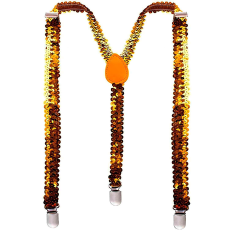 Mens Orange Sequin Slim Suspenders - Strong Adjustable Clip On Braces for Weddings/Formals