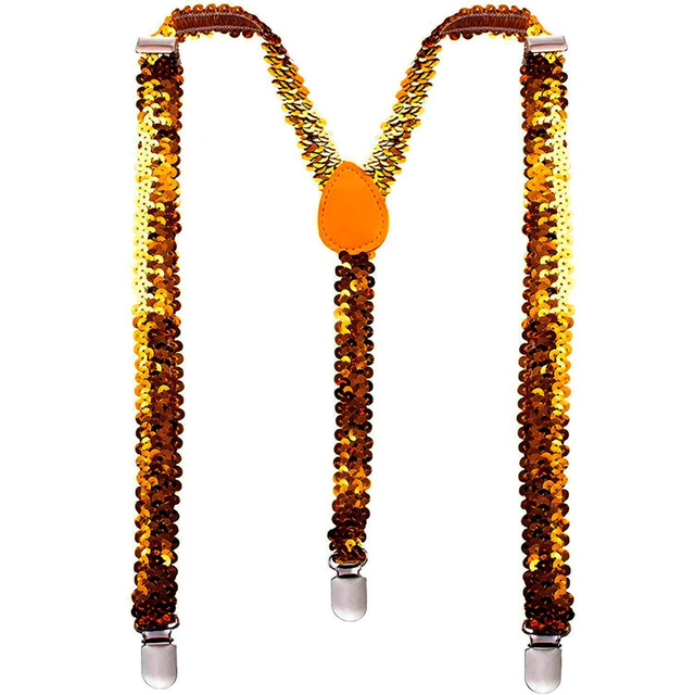 Mens Orange Sequin Slim Suspenders - Strong Adjustable Clip On Braces for Weddings/Formals