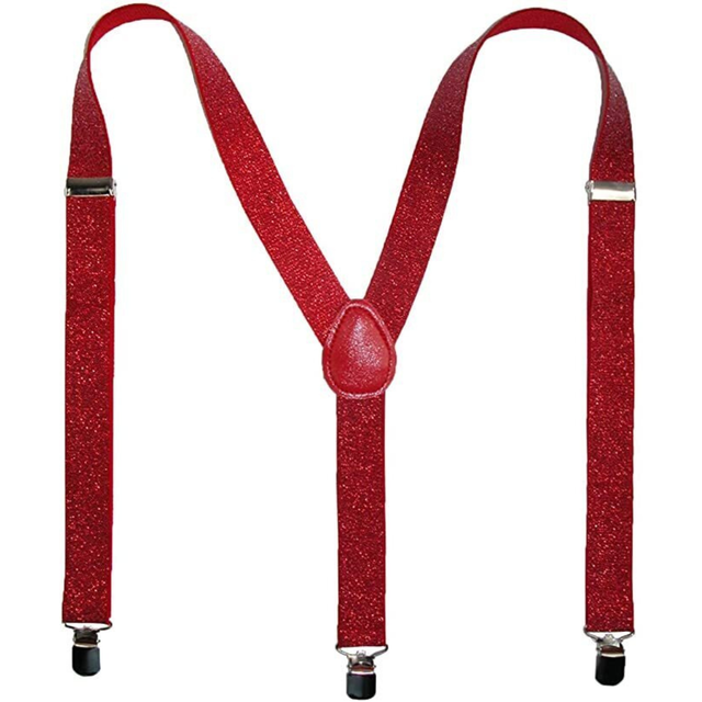 Mens Red Glitter Slim Suspenders - Strong Adjustable Clip On Braces for Weddings/Formals
