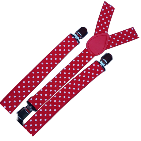 Mens Red/White Polka Dot Slim Suspenders - Strong Adjustable Clip On Braces for Weddings/Formals