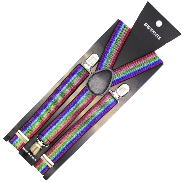 Mens Rainbow Glitter Slim Suspenders - Strong Adjustable Clip On Braces for Weddings/Formals