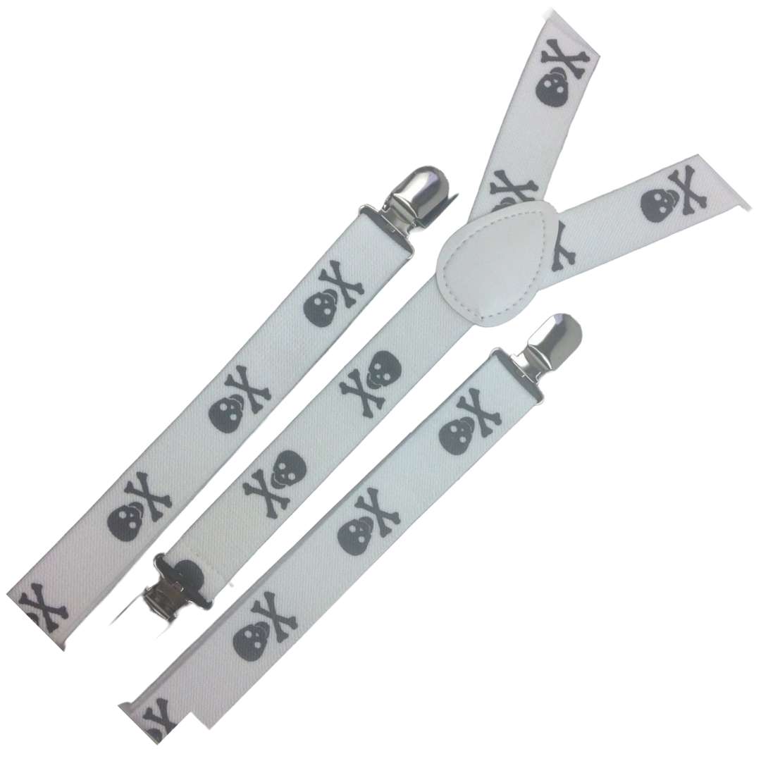 Mens Suspenders Braces Adjustable Strong Clip On Elastic Formal Wedding Slim - White with Black Skulls
