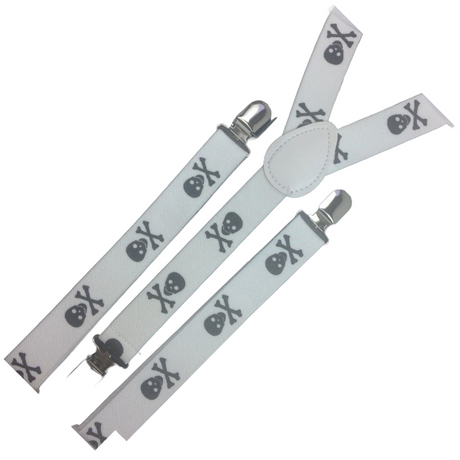 Mens Suspenders Braces Adjustable Strong Clip On Elastic Formal Wedding Slim - White with Black Skulls
