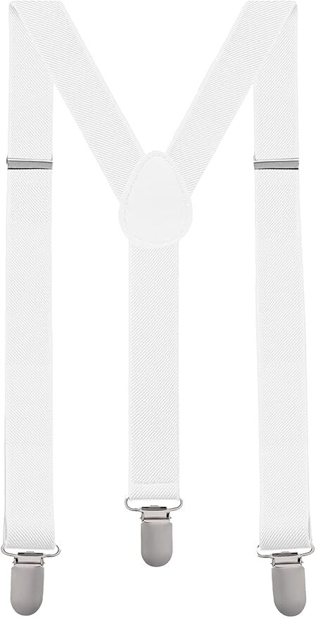 Mens White Slim Suspenders - Strong Adjustable Clip On Braces for Weddings/Formals