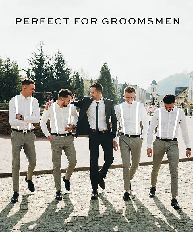 Mens White Slim Suspenders - Strong Adjustable Clip On Braces for Weddings/Formals