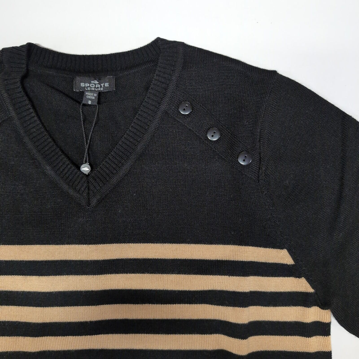 Sporte Leisure Womens Kati Candy Stripe Wool Blend V-Neck Jumper in Beige/Black