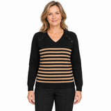 Sporte Leisure Womens Kati Candy Stripe Wool Blend V-Neck Jumper in Beige/Black