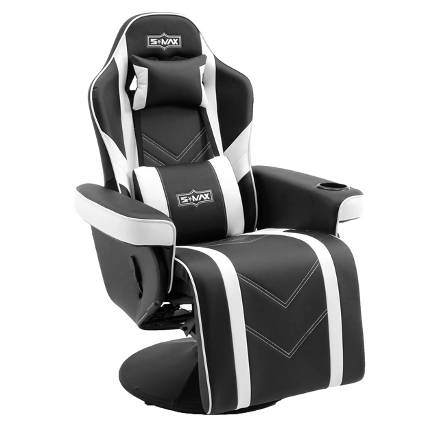 S*MAX Gaming Recliner Chair - Black/White PU Leather (360° Swivel, Adjustable Recline & Flip-Up Footrest)