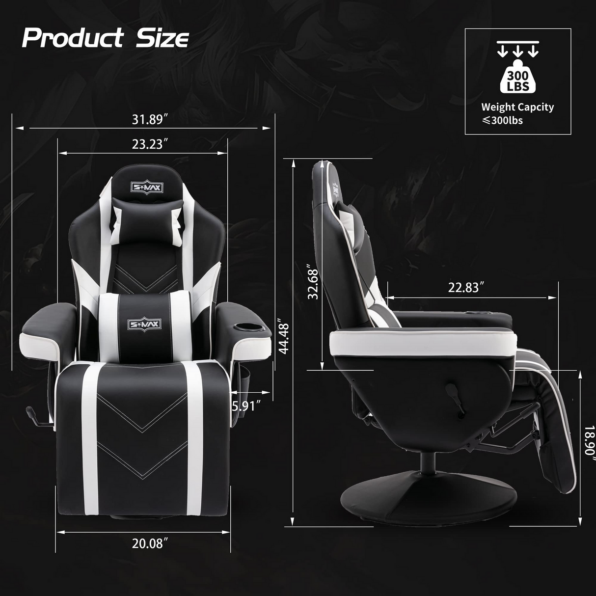 S*MAX Gaming Recliner Chair - Black/White PU Leather (360° Swivel, Adjustable Recline & Flip-Up Footrest)