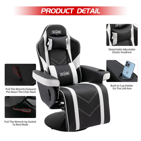 S*MAX Gaming Recliner Chair - Black/White PU Leather (360° Swivel, Adjustable Recline & Flip-Up Footrest)