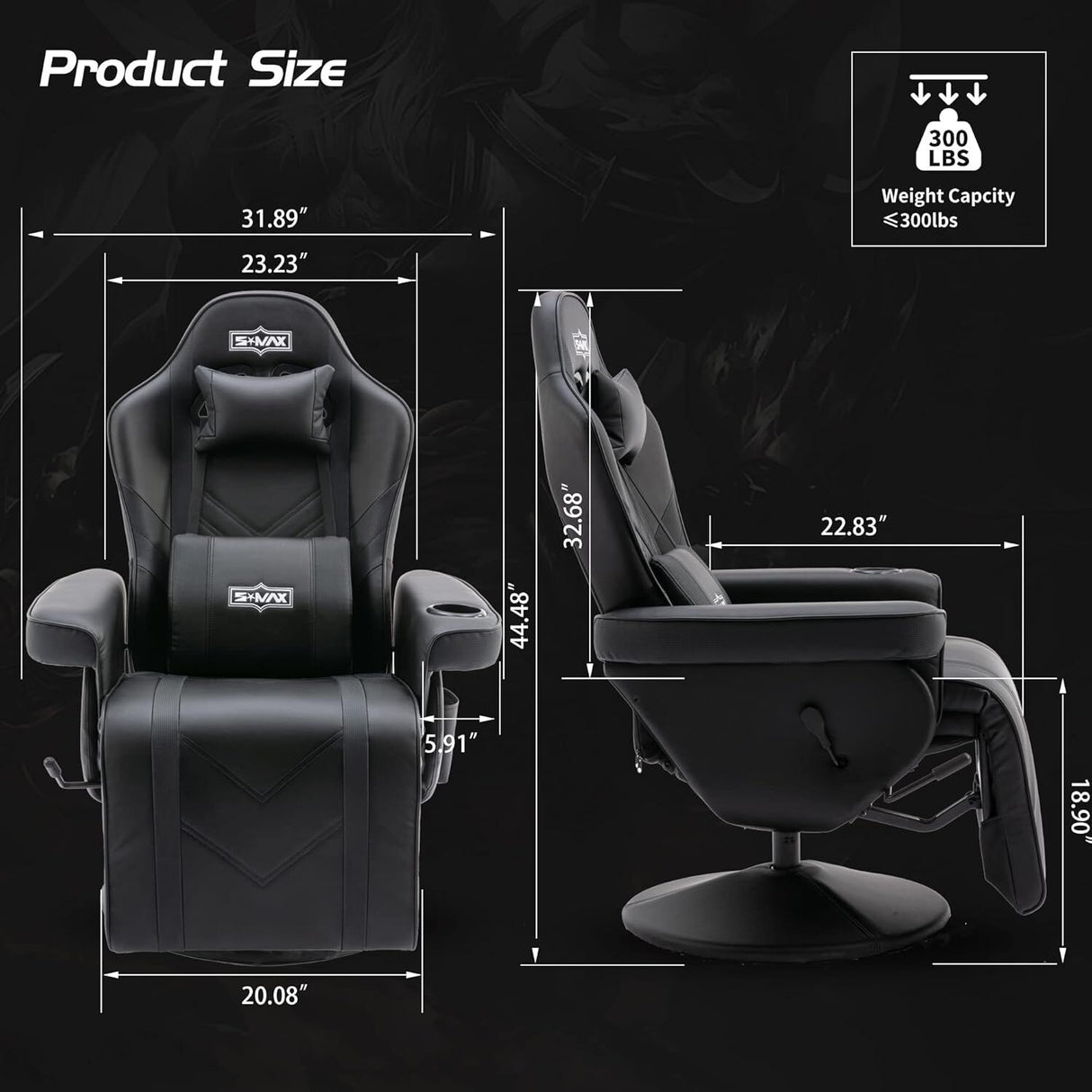 S*MAX Gaming Recliner Chair - Black PU Leather (360° Swivel, Adjustable Recline & Flip-Up Footrest)