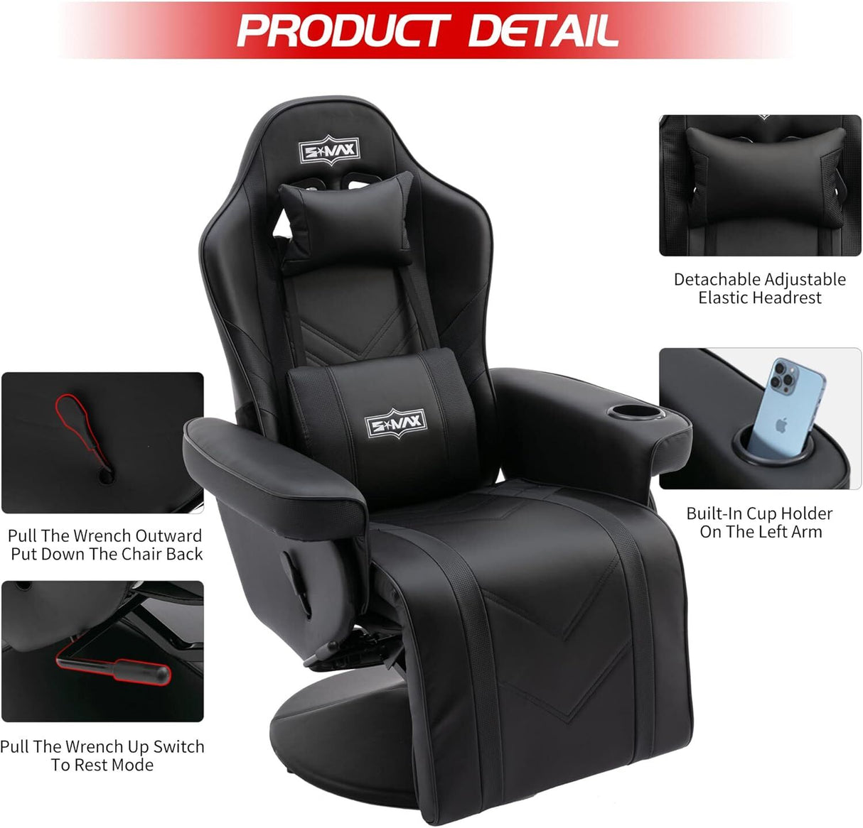 S*MAX Gaming Recliner Chair - Black PU Leather (360° Swivel, Adjustable Recline & Flip-Up Footrest)