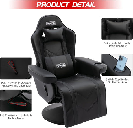 S*MAX Gaming Recliner Chair - Black PU Leather (360° Swivel, Adjustable Recline & Flip-Up Footrest)