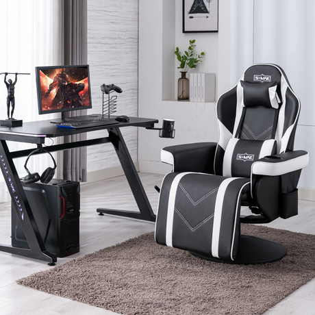 S*MAX Gaming Recliner Chair - Black/White PU Leather (Height-Adjustable Swivel & Flip-Up Footrest)