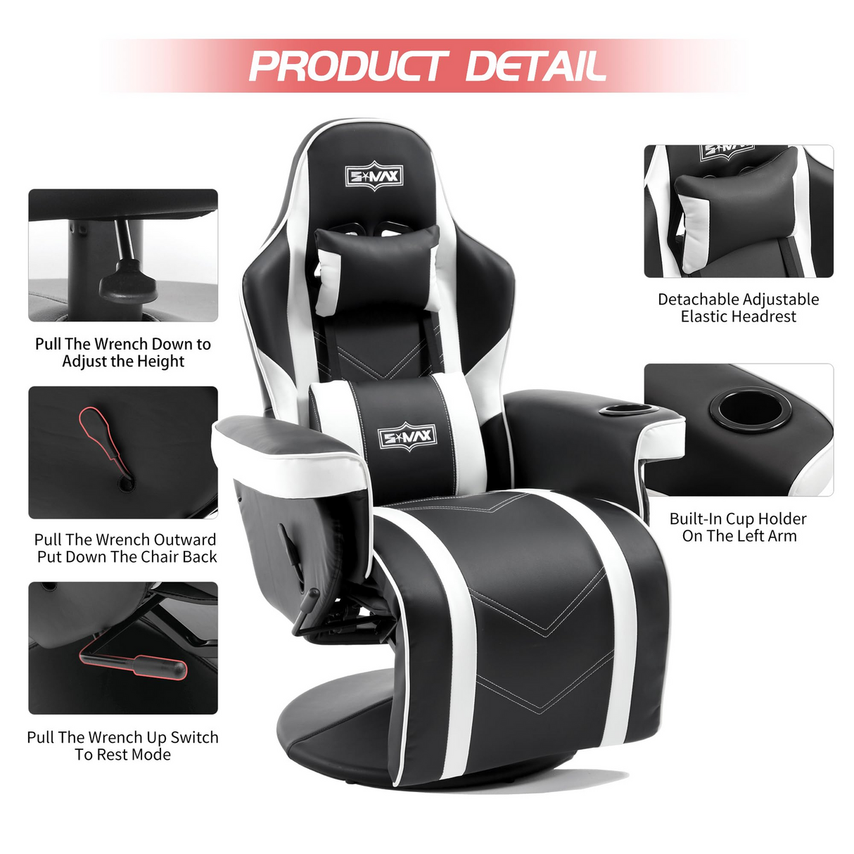 S*MAX Gaming Recliner Chair - Black/White PU Leather (Height-Adjustable Swivel & Flip-Up Footrest)