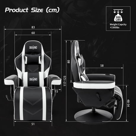 S*MAX Gaming Recliner Chair - Black/White PU Leather (Height-Adjustable Swivel & Flip-Up Footrest)