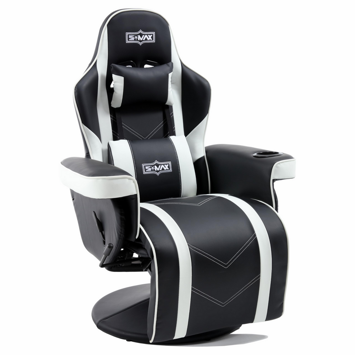 S*MAX Gaming Recliner Chair - Black/White PU Leather (Height-Adjustable Swivel & Flip-Up Footrest)