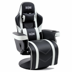 S*MAX Gaming Recliner Chair - Black/White PU Leather (Height-Adjustable Swivel & Flip-Up Footrest)