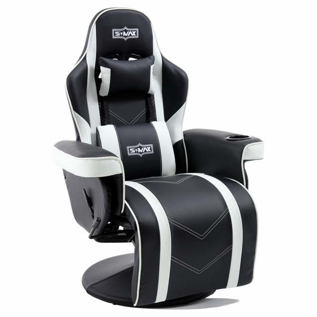 S*MAX Gaming Recliner Chair - Black/White PU Leather (Height-Adjustable Swivel & Flip-Up Footrest)