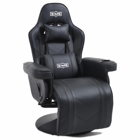 S*MAX Gaming Recliner Chair - Black PU Leather (Height-Adjustable Swivel & Flip-Up Footrest)