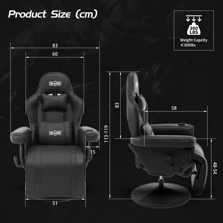 S*MAX Gaming Recliner Chair - Black PU Leather (Height-Adjustable Swivel & Flip-Up Footrest)