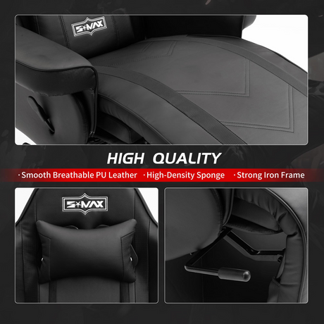 S*MAX Gaming Recliner Chair - Black PU Leather (Height-Adjustable Swivel & Flip-Up Footrest)