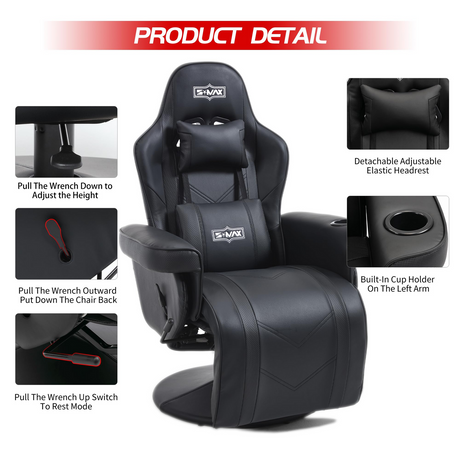 S*MAX Gaming Recliner Chair - Black PU Leather (Height-Adjustable Swivel & Flip-Up Footrest)