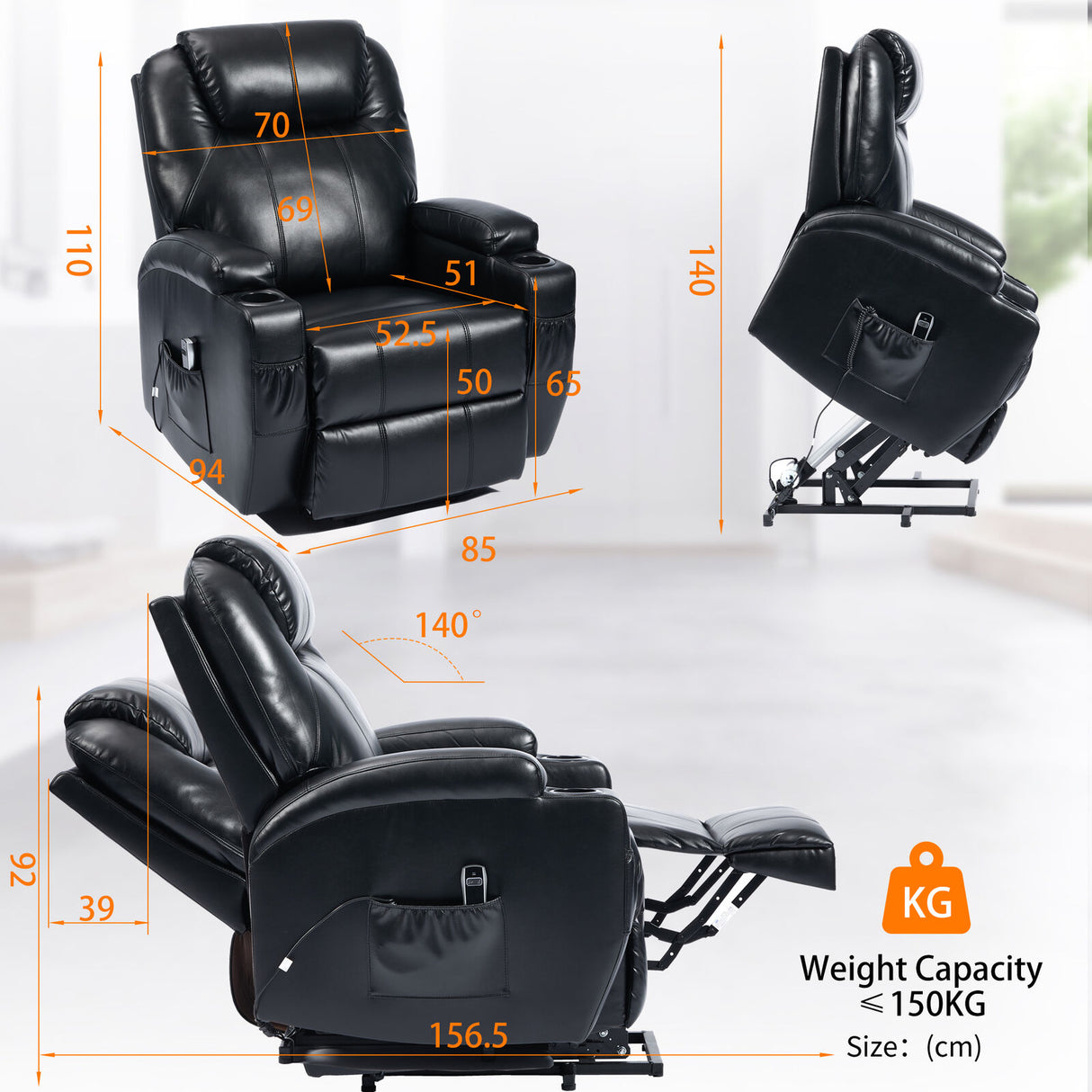 S*MAX Electric Power Lift Riser Recliner Chair - Black PU Leather (OKIN Motor, USB Charging & Remote)