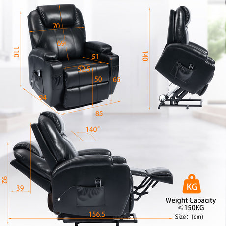 S*MAX Electric Power Lift Riser Recliner Chair - Black PU Leather (OKIN Motor, USB Charging & Remote)