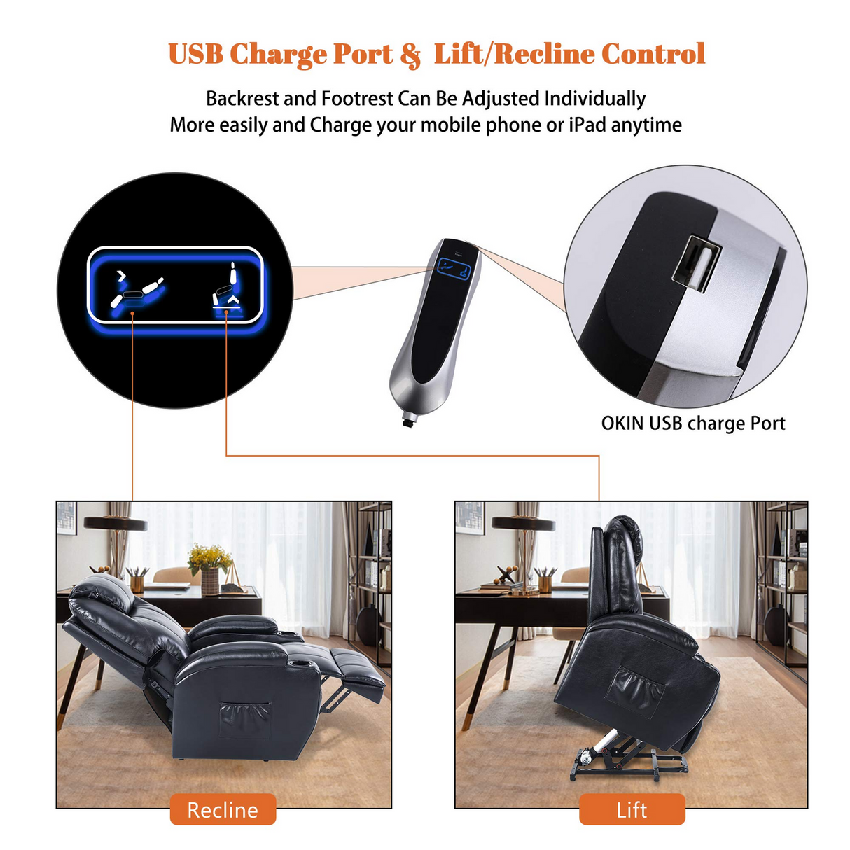 S*MAX Electric Power Lift Riser Recliner Chair - Black PU Leather (OKIN Motor, USB Charging & Remote)
