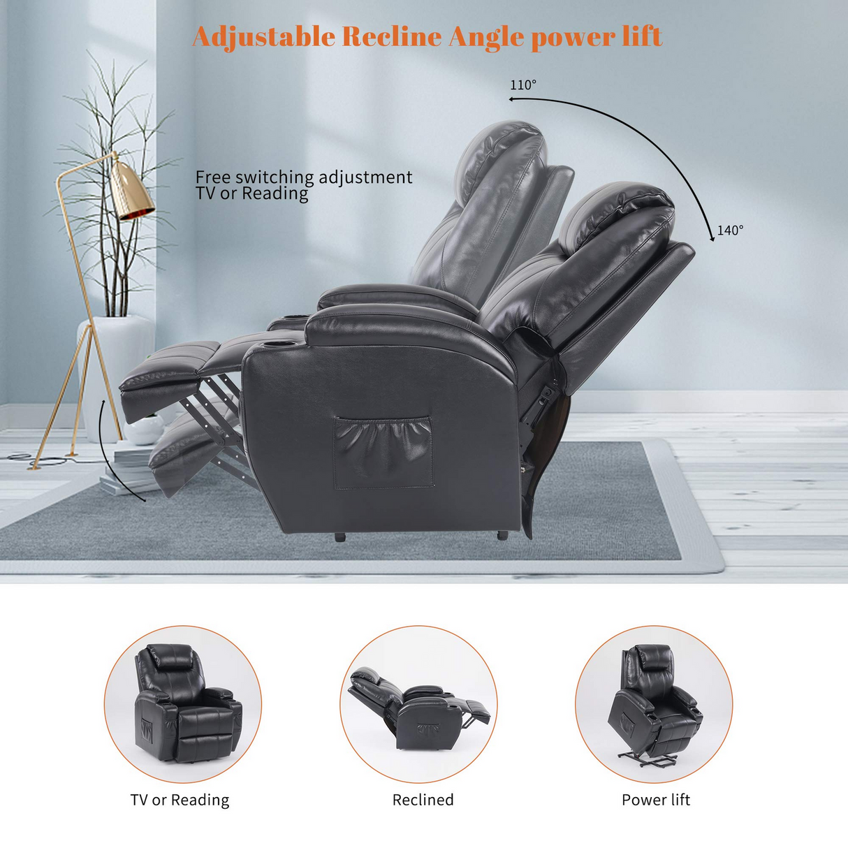 S*MAX Electric Power Lift Riser Recliner Chair - Black PU Leather (OKIN Motor, USB Charging & Remote)