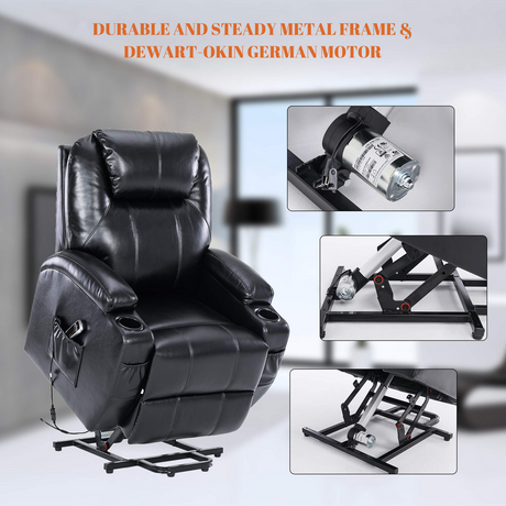 S*MAX Electric Power Lift Riser Recliner Chair - Black PU Leather (OKIN Motor, USB Charging & Remote)