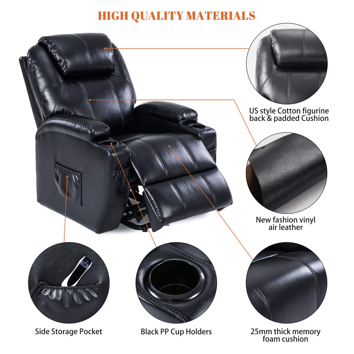 S*MAX Electric Power Lift Riser Recliner Chair - Black PU Leather (OKIN Motor, USB Charging & Remote)