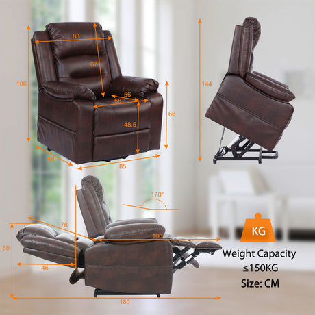 S*MAX Electric Dual Motor Power Lift Riser Recliner Chair - Brown PU Leather (Lay Flat, USB Charging & Remote)