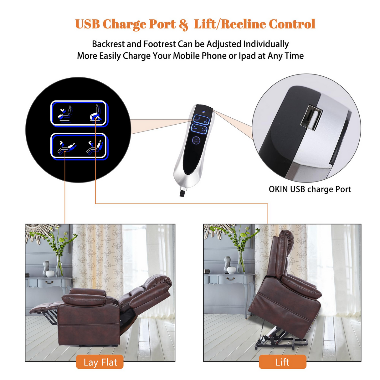 S*MAX Electric Dual Motor Power Lift Riser Recliner Chair - Brown PU Leather (Lay Flat, USB Charging & Remote)