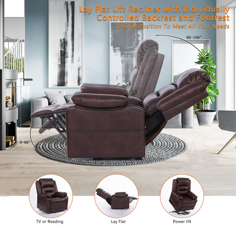 S*MAX Electric Dual Motor Power Lift Riser Recliner Chair - Brown PU Leather (Lay Flat, USB Charging & Remote)