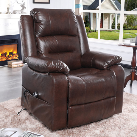 S*MAX Electric Dual Motor Power Lift Riser Recliner Chair - Brown PU Leather (Lay Flat, USB Charging & Remote)