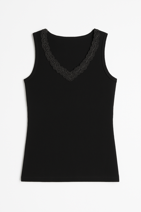 Womens Thermal Cotton Singlet Sleeveless Motif Top Base Layer Underwear in Black