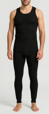 2pcs Set Mens Black Cotton Thermal Singlet Top & Long John Pants Underwear