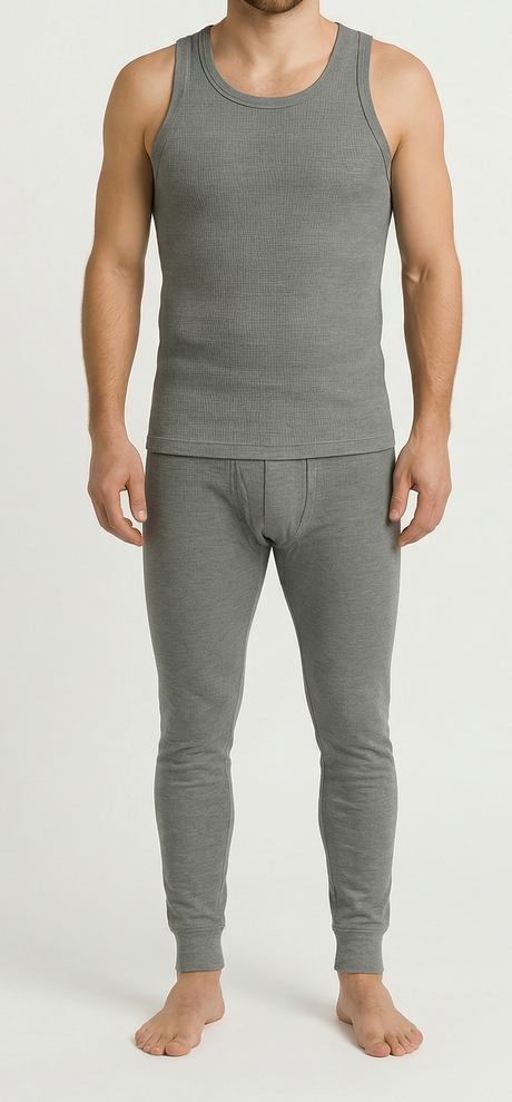 2pcs Set Mens Grey Cotton Thermal Singlet Top & Long John Pants Underwear