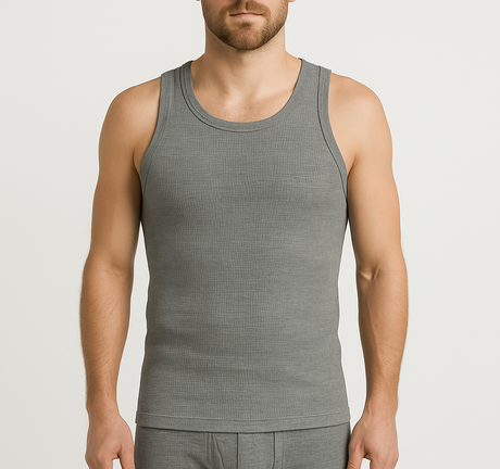2pcs Set Mens Grey Cotton Thermal Singlet Top & Long John Pants Underwear