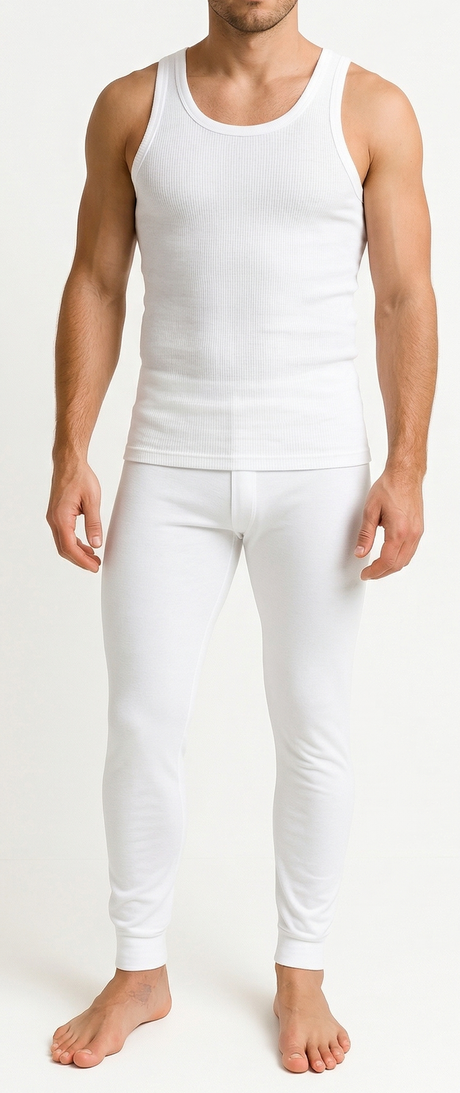2pcs Set Mens White Cotton Thermal Singlet Top & Long John Pants Underwear