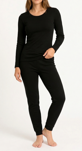 2pcs Set Womens Black Cotton Thermal Crew Neck Long Sleeve Top & Long Jane Pants