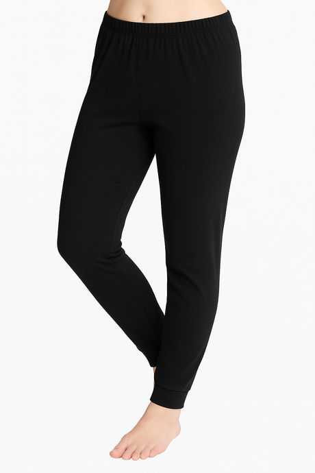 2pcs Set Womens Black Cotton Thermal Crew Neck Long Sleeve Top & Long Jane Pants