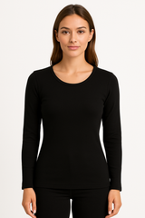2pcs Set Womens Black Cotton Thermal Crew Neck Long Sleeve Top & Long Jane Pants