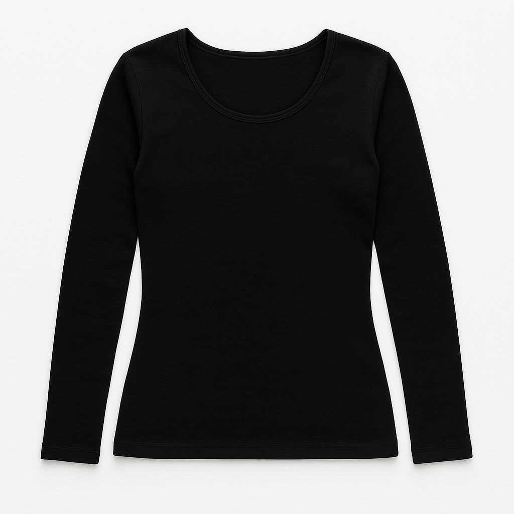 2pcs Set Womens Black Cotton Thermal Crew Neck Long Sleeve Top & Long Jane Pants