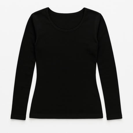 2pcs Set Womens Black Cotton Thermal Crew Neck Long Sleeve Top & Long Jane Pants