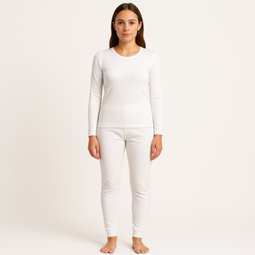 2pcs Set Womens White Cotton Thermal Crew Neck Long Sleeve Top & Long Jane Pants